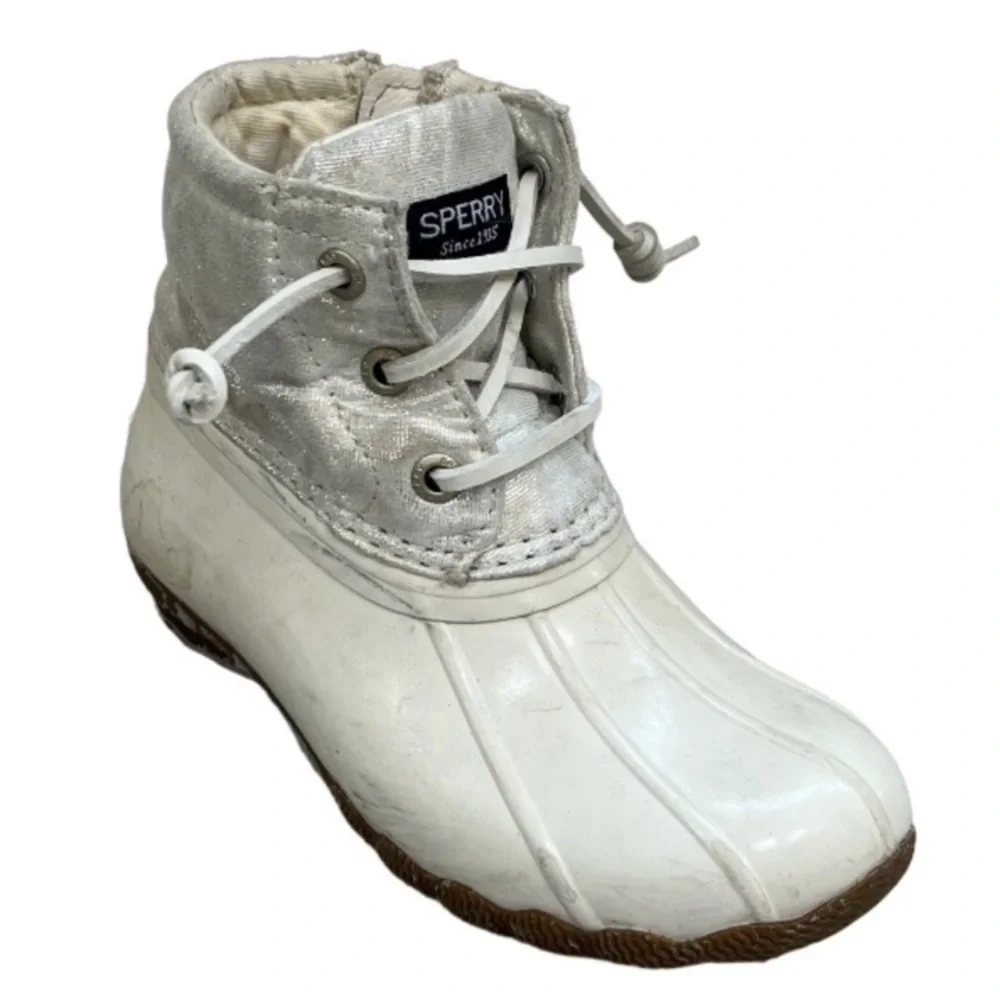 Sperry Saltwater Duck Boots Snow Rain Boots Ivory White Metallic Girls Size 9